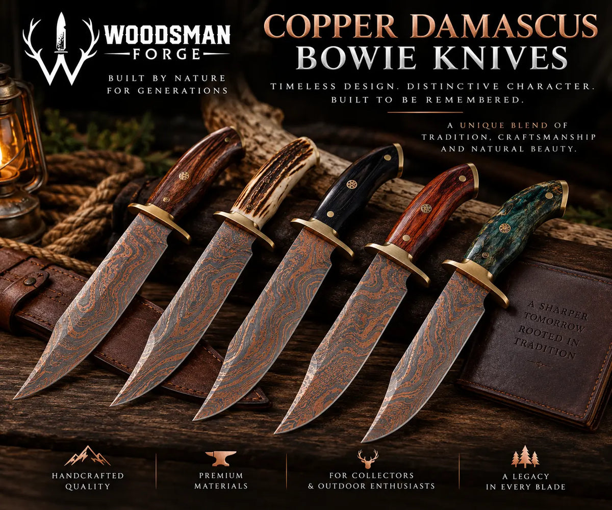Handcrafted Copper Damascus Bowie knives with patterned steel blades and custom handles by Woodsman Forge