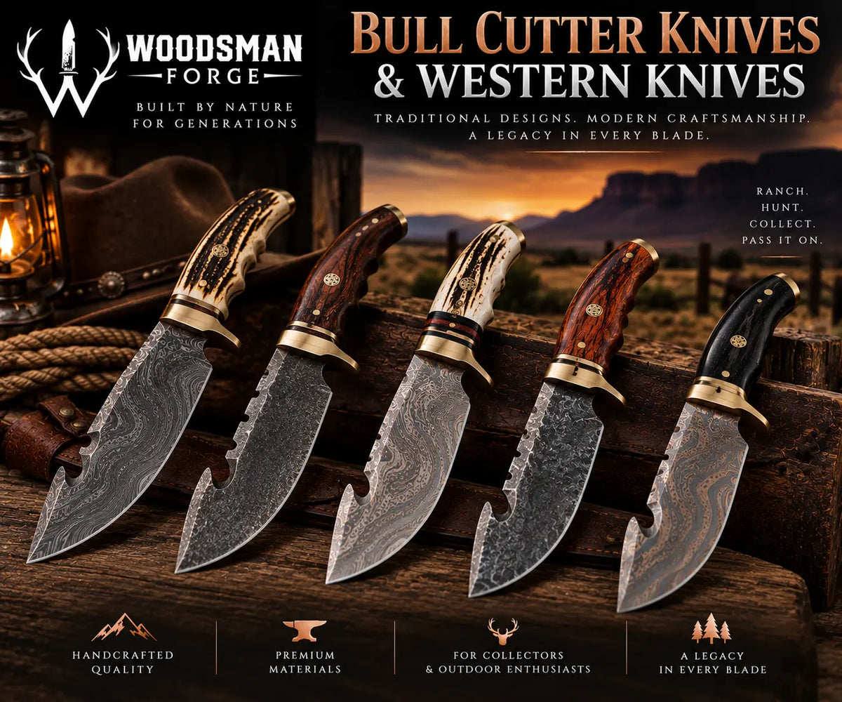 Handmade bull cutter knives and Western knives with Damascus steel blades and wood handles by Woodsman Forge