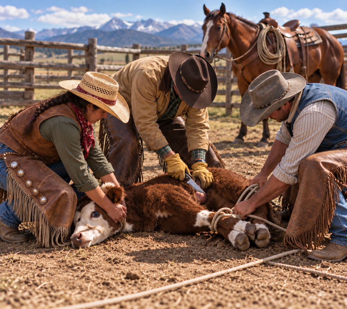Cowboys working cattle on a ranch, representing traditional Western knives and outdoor ranch life.