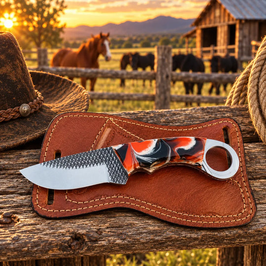 A fixed-blade knife with a patterned black, red, and orange handle and a textured silver blade, resting on a brown leather sheath on a rustic wooden table. A cowboy hat is visible on the left, with a cowboys ranch scene in the background at sunset featuring a horse and cattle.