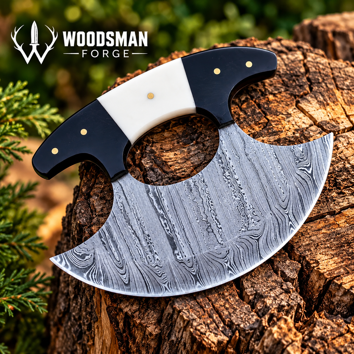 Bonehorn Northcrest™ Handmade Damascus Ulu Knife with Camel Bone & Buffalo Horn WOODSMAN FORGE