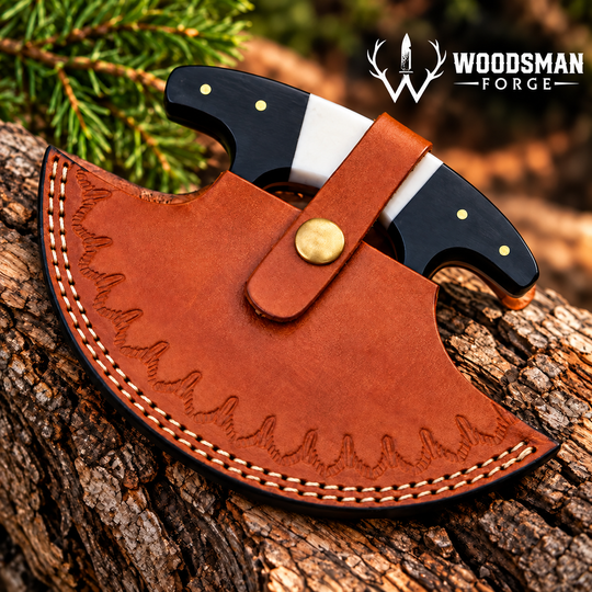 Bonehorn Northcrest™ Handmade Damascus Ulu Knife with Camel Bone &amp; Buffalo Horn WOODSMAN FORGE