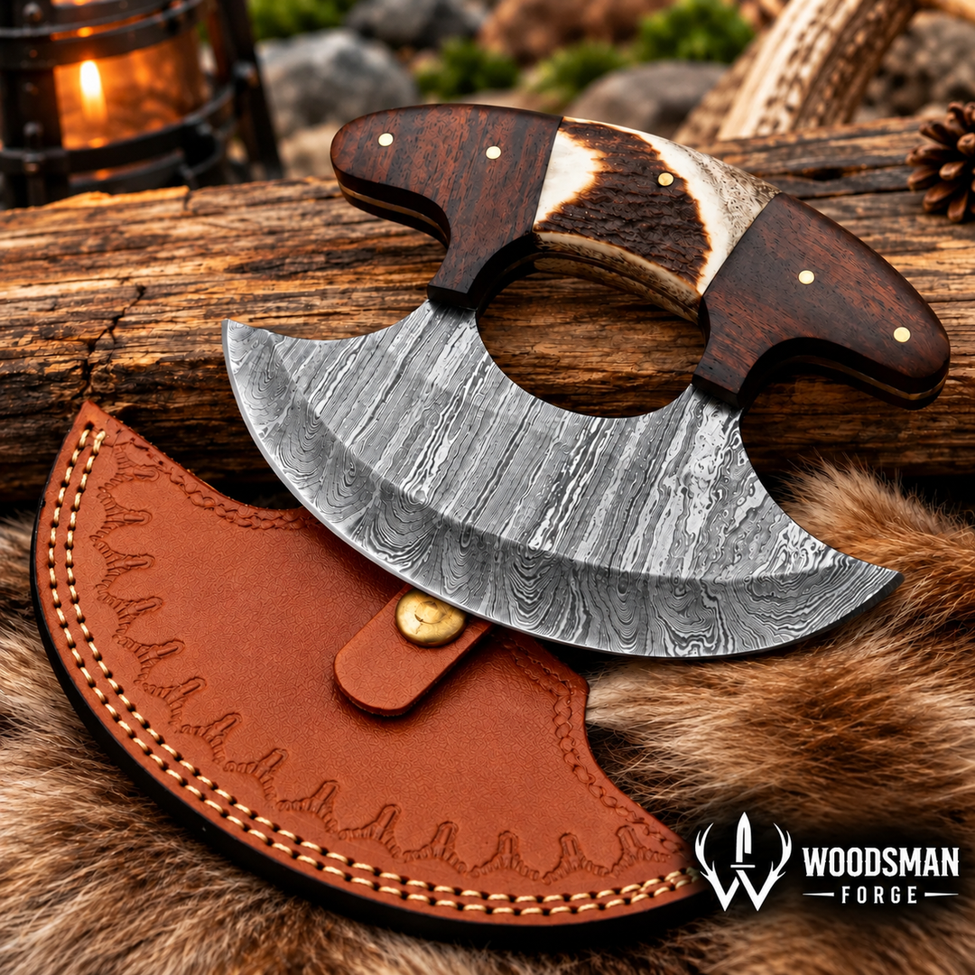 Stagwood Crescent™ Handmade Damascus Ulu Knife with Stag & Rosewood Handle WOODSMAN FORGE