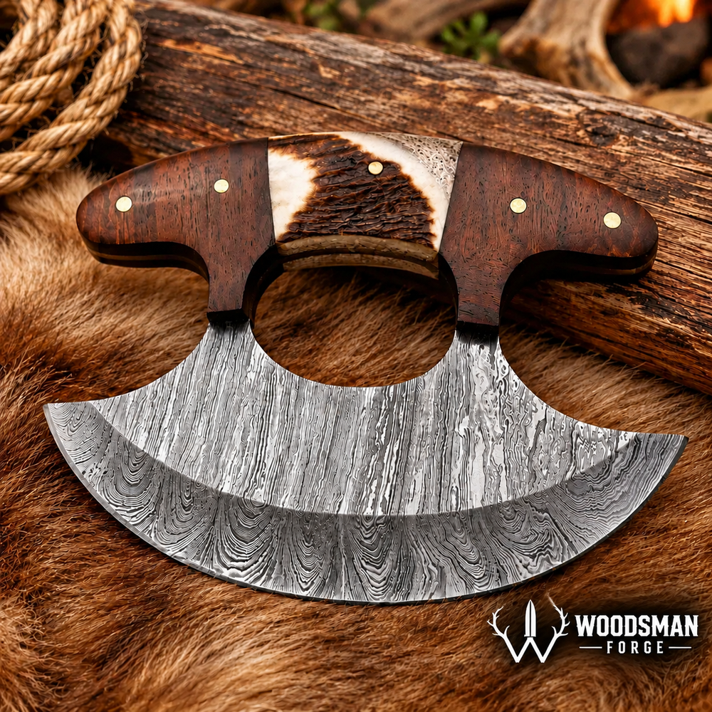 Stagwood Crescent™ Handmade Damascus Ulu Knife with Stag & Rosewood Handle WOODSMAN FORGE
