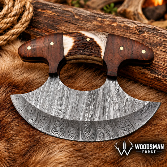 Stagwood Crescent™ Handmade Damascus Ulu Knife with Stag &amp; Rosewood Handle WOODSMAN FORGE