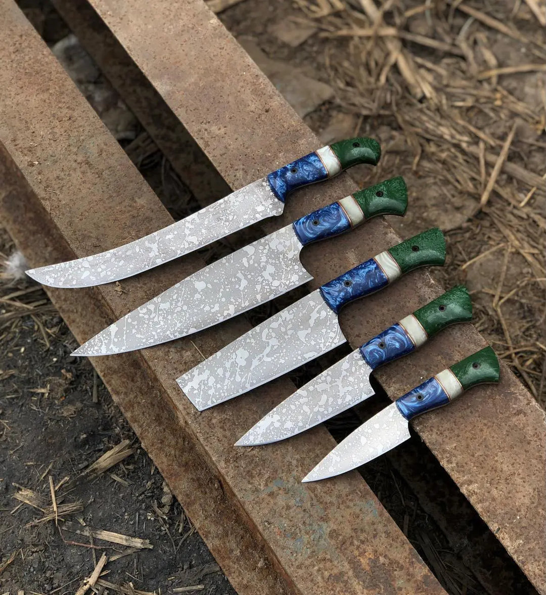 Woodsman Forge | Custom Hand Etched Chef Knife Set Resin Handles WOODSMAN FORGE