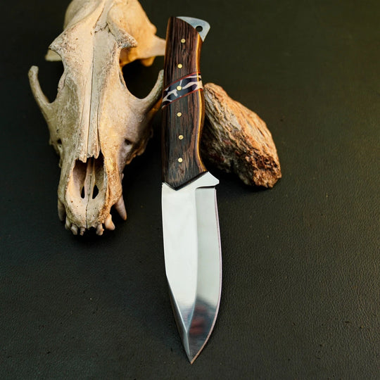 A fixed-blade knife with a polished silver blade and a dark brown wood handle with brass pins, displayed vertically next to a deer skull and a small rock on a dark textured background.