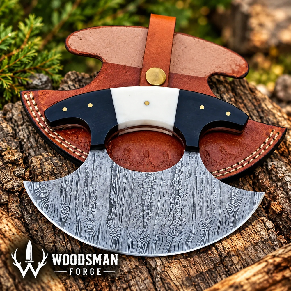 Bonehorn Northcrest™ Handmade Damascus Ulu Knife with Camel Bone & Buffalo Horn WOODSMAN FORGE