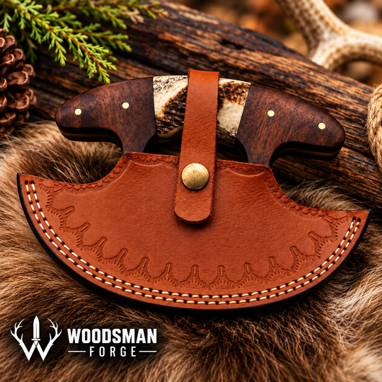 Stagwood Crescent™ Handmade Damascus Ulu Knife with Stag &amp; Rosewood Handle WOODSMAN FORGE
