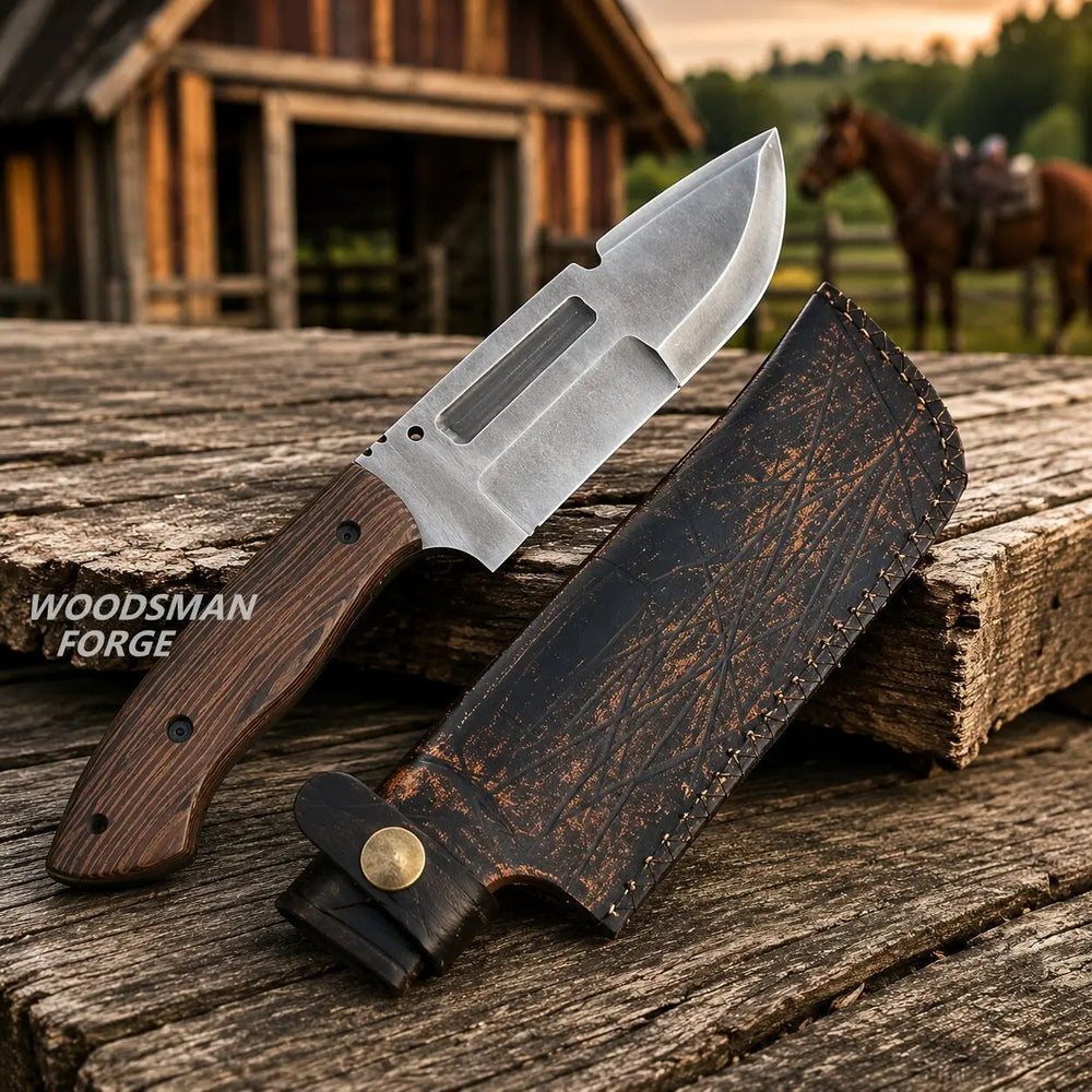 A fixed-blade knife with a silver blade and brown wooden handle rests on a weathered log beside a dark leather sheath. A rustic barn and horse are blurred in the background, with the text 'WOODSMAN FORGE' visible on the left.