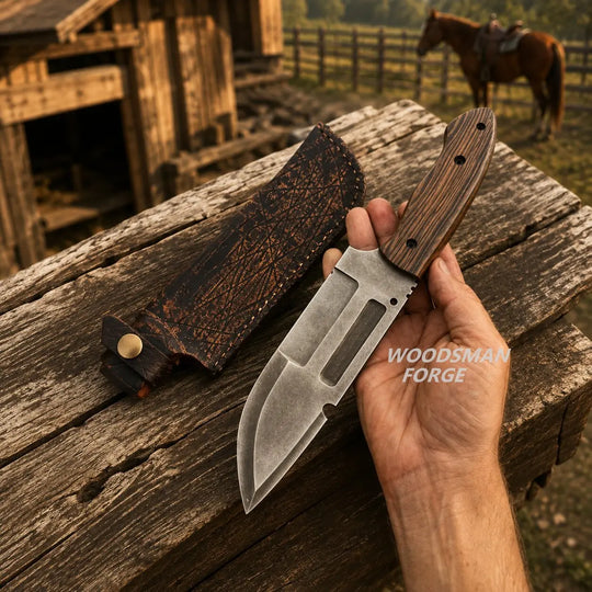 A hand holds a fixed-blade knife with a brushed steel blade and a brown wood-grain handle beside a dark leather sheath on a rustic wooden table, with a horse and barn in the background. The text &