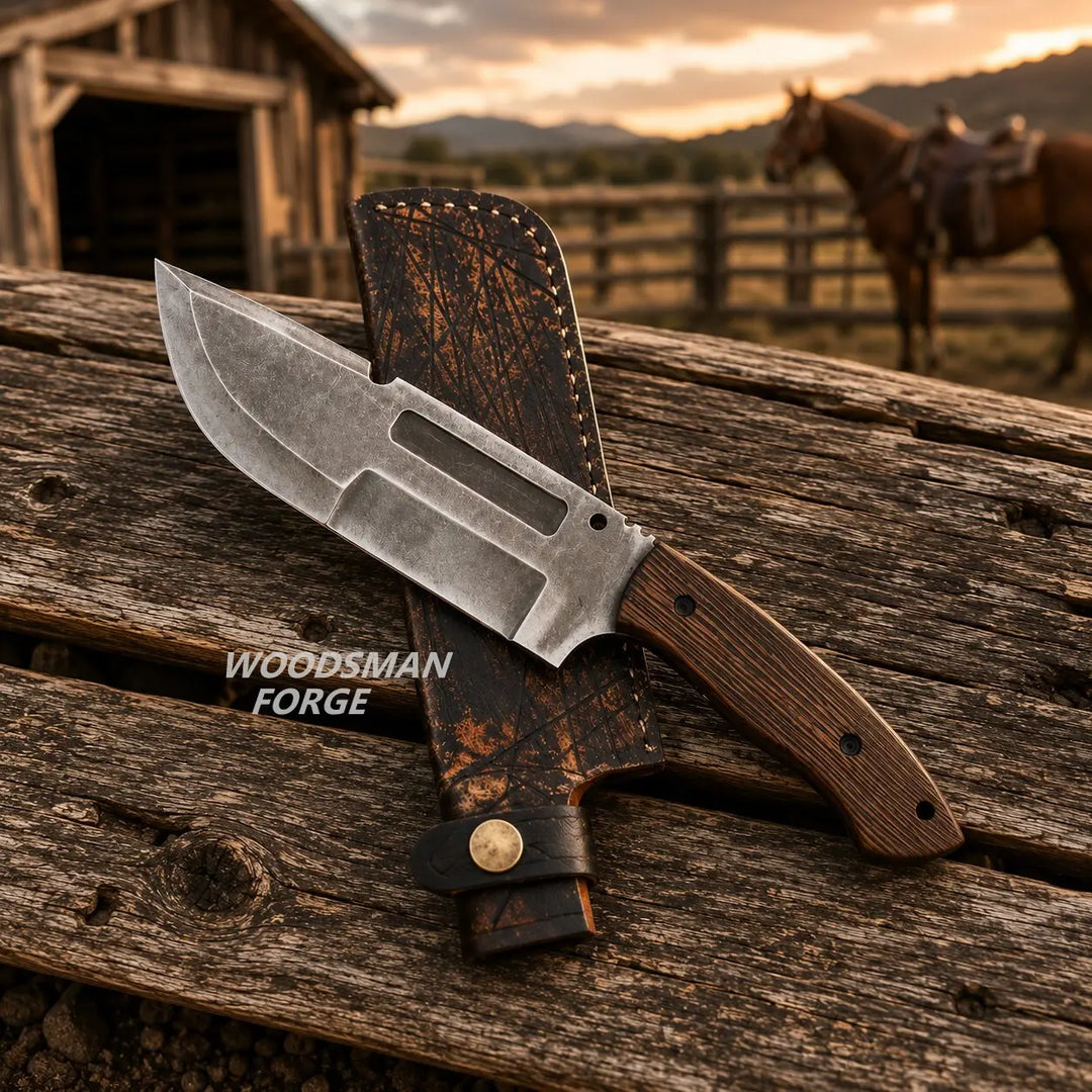 A fixed-blade knife with a silver steel blade and brown wood-grain handle rests on a dark brown leather sheath, placed on weathered wooden logs in a rustic outdoor setting with a horse and barn in the background. The text 'WOODSMAN FORGE' is overlaid on the knife blade area.