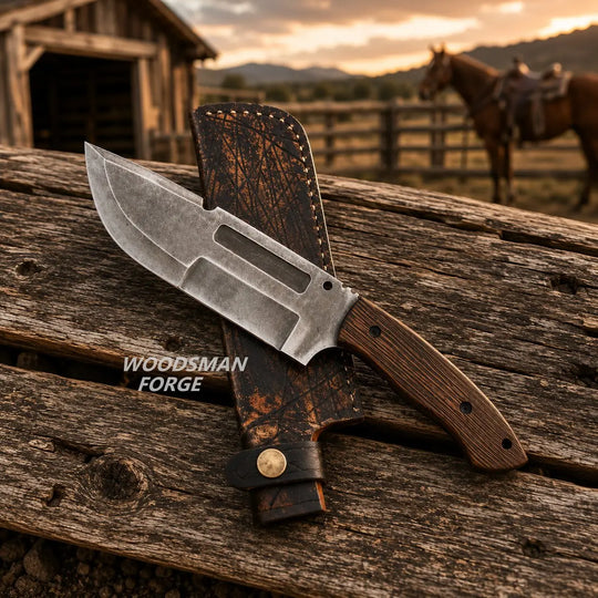 A fixed-blade knife with a silver steel blade and brown wood-grain handle rests on a dark brown leather sheath, placed on weathered wooden logs in a rustic outdoor setting with a horse and barn in the background. The text &
