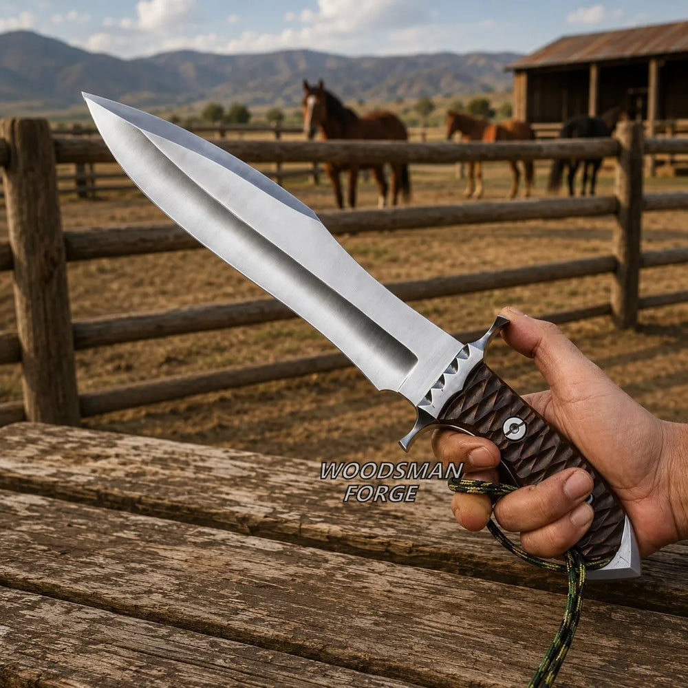 A hand holds a large fixed-blade knife with a silver blade and textured brown handle in front of a rustic outdoor ranch scene with wooden fences, horses, and mountains. The text 'WOODSMAN FORGE' is overlaid near the handle.