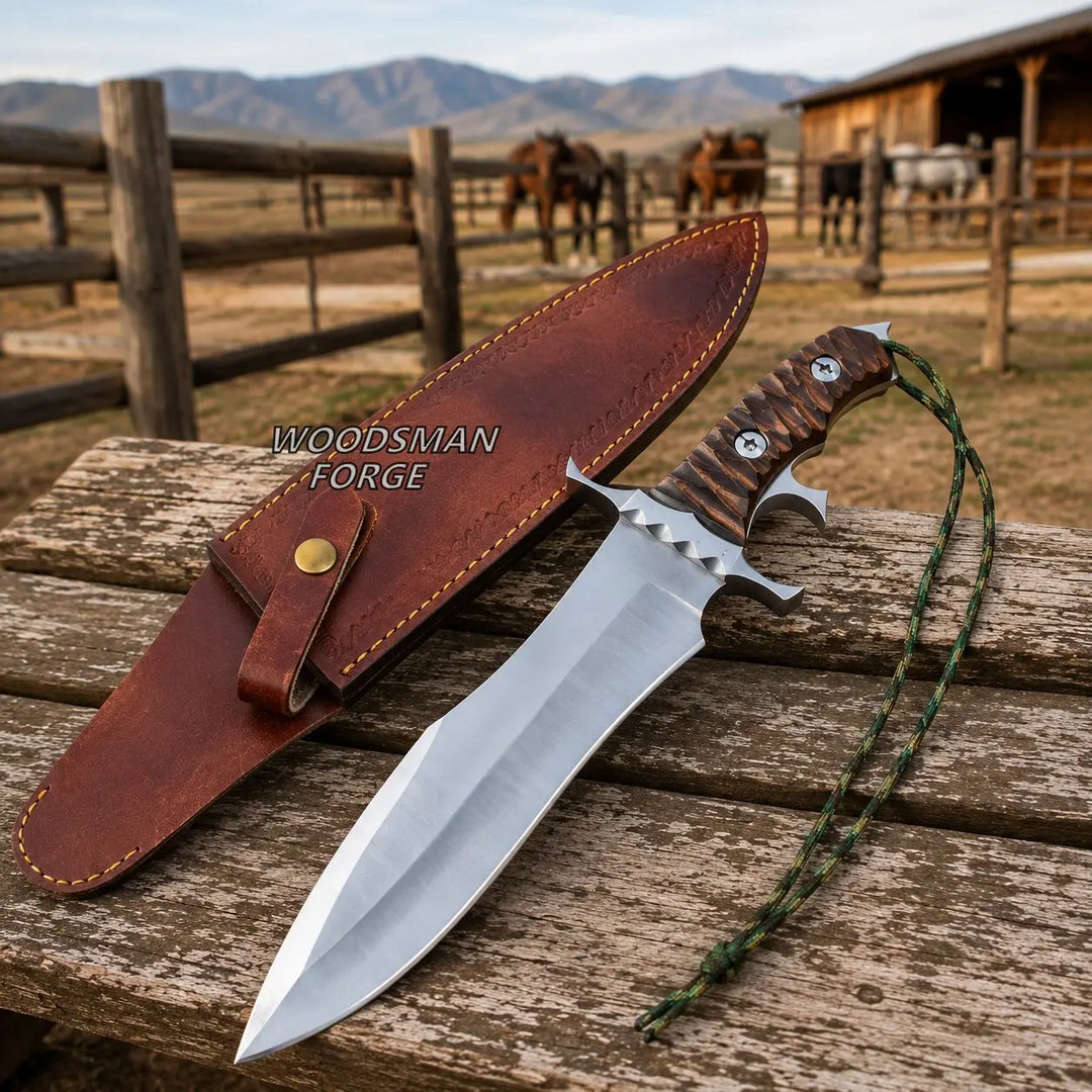 A fixed-blade knife with a silver blade and brown textured handle lies on a weathered wooden surface beside a brown leather sheath. The background shows a rustic outdoor ranch scene with fences, mountains, and horses.