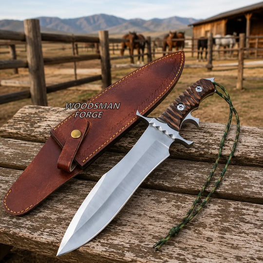 A fixed-blade knife with a silver blade and brown textured handle lies on a weathered wooden surface beside a brown leather sheath. The background shows a rustic outdoor ranch scene with fences, mountains, and horses.