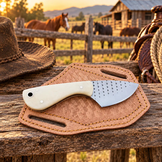 A western-style knife with a cream-colored handle and patterned silver blade rests on a tan leather sheath on a rustic wooden table. A brown cowboy hat is partly visible on the left, and a saddle is on the right, with a fence, horses, and a barn in the blurred background at sunset.