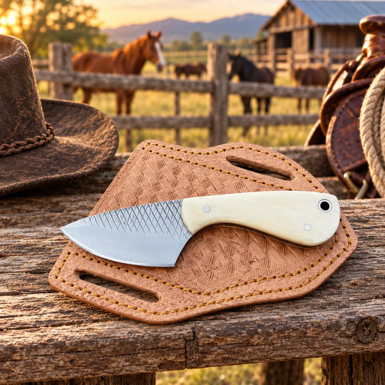 A fixed-blade knife with a textured silver blade and cream handle rests on a tan tooled leather sheath on a rustic wooden table. A brown cowboy hat is partially visible on the left, with a leather saddle and horses in the blurred background at sunset.