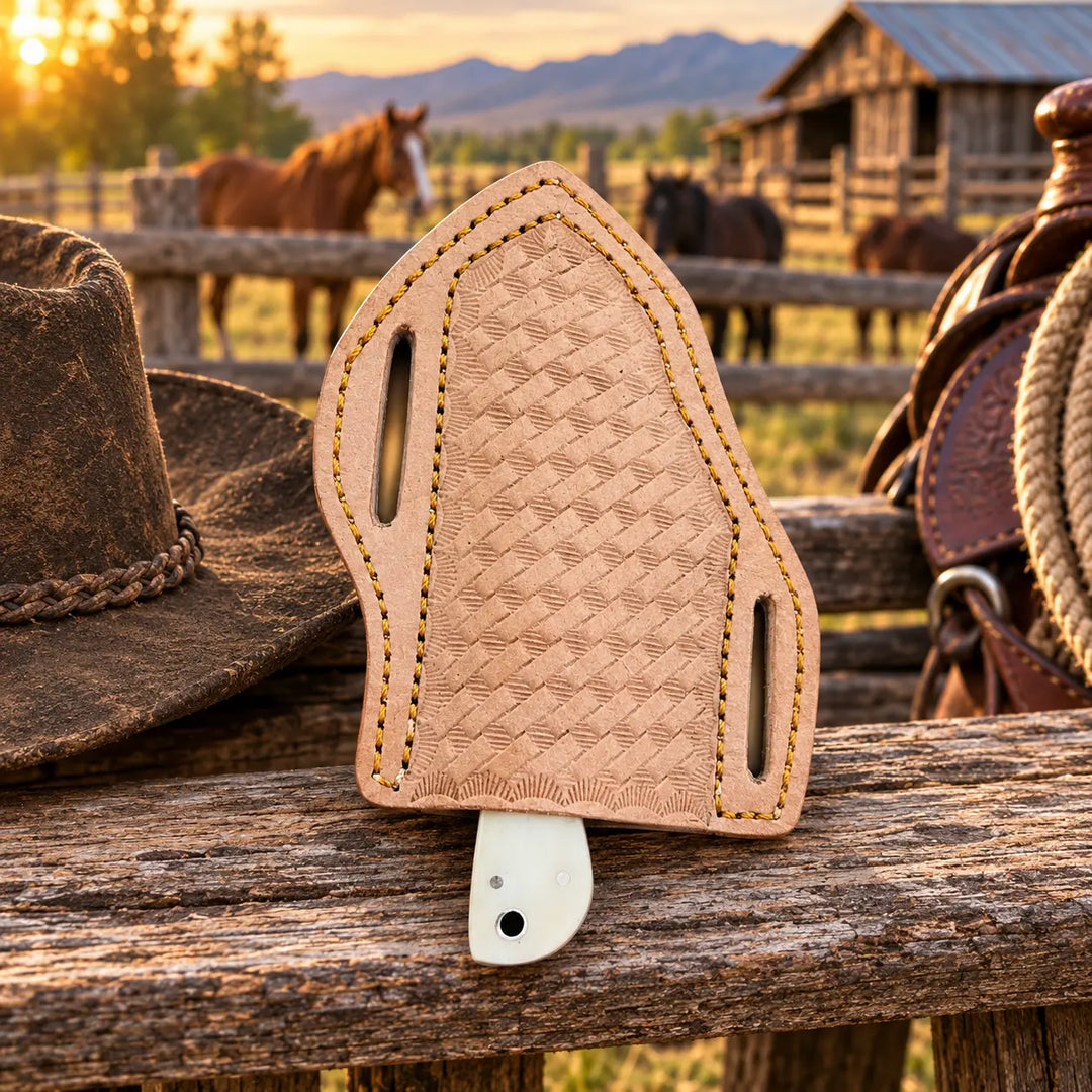 A tan leather holster with a woven texture and contrast stitching, holding a white plastic knife handle, displayed on a rustic wooden fence with a cowboy hat, saddle, and horses in the background.