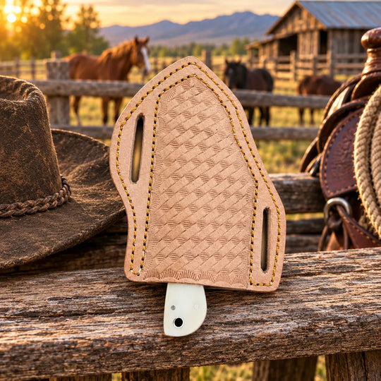 A tan leather holster with a woven texture and contrast stitching, holding a white plastic knife handle, displayed on a rustic wooden fence with a cowboy hat, saddle, and horses in the background.
