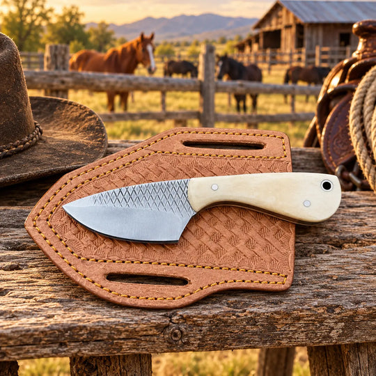 A fixed-blade knife with a textured silver blade and cream-colored handle rests on a brown leather sheath, placed on a rustic wooden fence in a cowboy ranch setting with horses and a barn in the background.