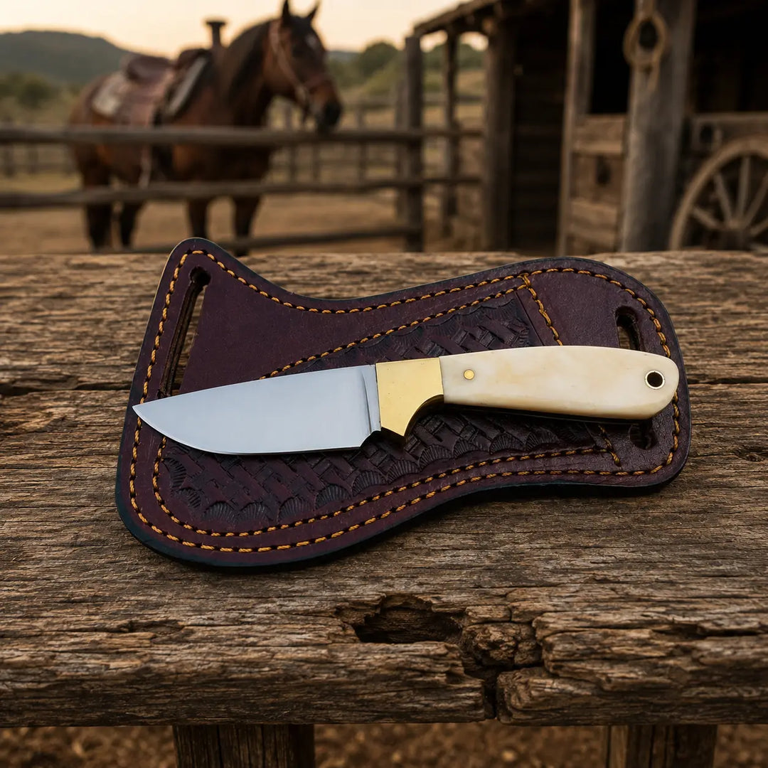 A fixed-blade knife with a cream handle and brass bolster rests on a dark brown leather sheath with orange stitching, placed on a rustic wooden fence rail with a horse and barn in the background.
