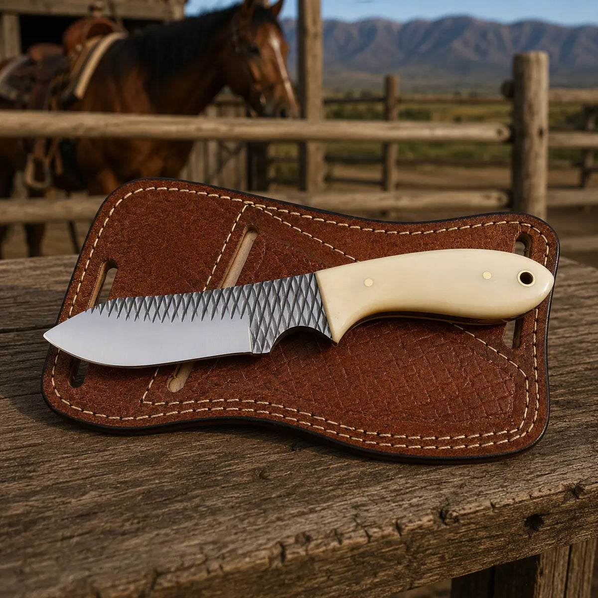 A fixed-blade knife with a textured silver blade and cream handle rests on a brown leather sheath placed on a rustic wooden table, with a horse and mountains blurred in the background.
