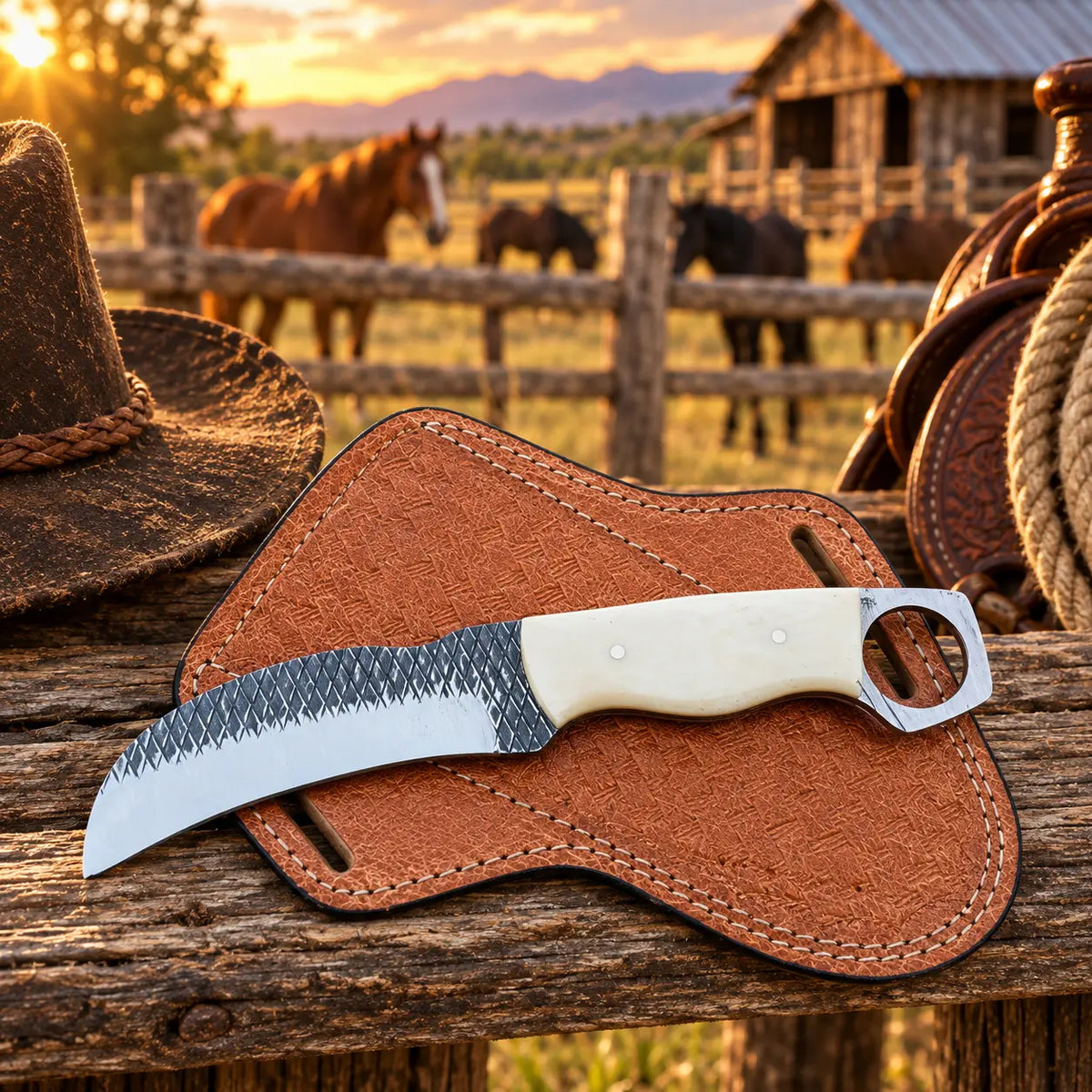 A curved fixed-blade knife with a textured silver blade and cream-colored handle rests on a brown leather sheath on a rustic wooden fence. A dark brown cowboy hat is partially visible on the left, and a western saddle and rope are on the right, with horses and a barn in the blurred background at sunset.