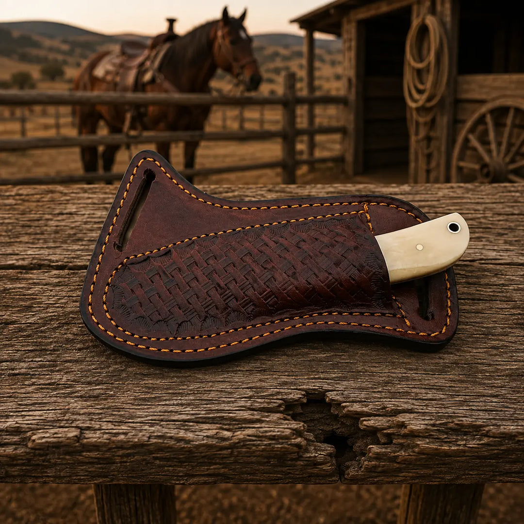 A dark brown leather knife sheath with a textured basketweave pattern and contrast stitching, holding a knife with a cream-colored handle, resting on a rustic wooden table with a blurred western background featuring a horse and wagon.