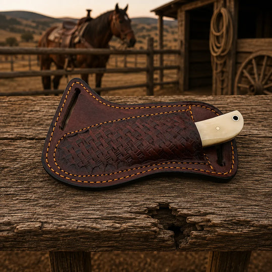 A dark brown leather knife sheath with a textured basketweave pattern and contrast stitching, holding a knife with a cream-colored handle, resting on a rustic wooden table with a blurred western background featuring a horse and wagon.