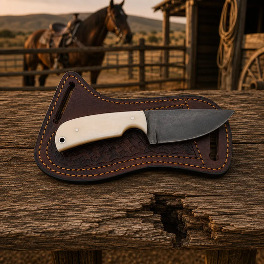 A fixed-blade knife with an off-white handle and dark steel blade rests on a brown leather sheath with orange stitching, placed on a rustic wooden surface with a blurred horse stable and horse in the background.