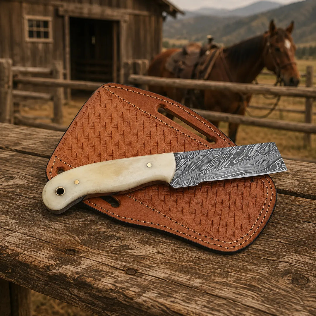 A fixed-blade knife with a patterned steel blade and cream-colored handle rests on a brown woven leather sheath, placed on a rustic wooden surface with a horse and barn in the background.