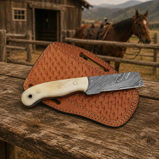 A fixed-blade knife with a patterned steel blade and cream-colored handle rests on a brown woven leather sheath, placed on a rustic wooden surface with a horse and barn in the background.