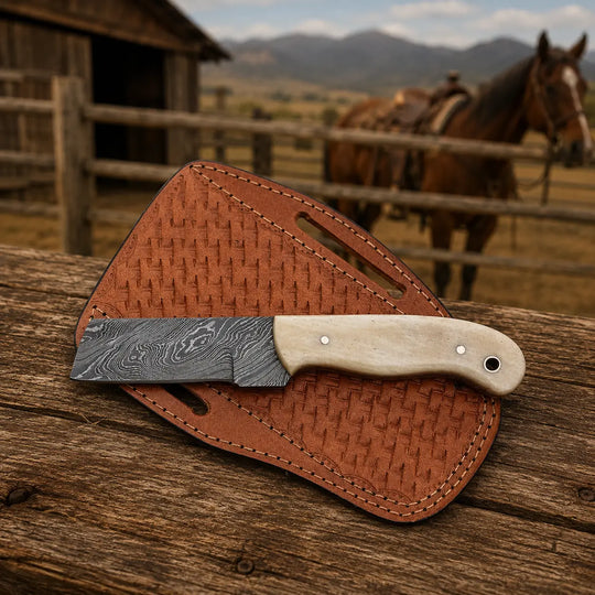 A fixed-blade knife with a patterned steel blade and a light-colored handle rests on a brown leather sheath over a rustic wooden surface, with a horse and fence visible in the blurred background.