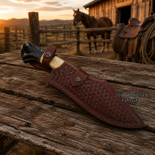 A fixed-blade knife in a brown woven leather sheath rests on a rustic wooden fence rail, with a barn, horse, and sunset in the background. The sheath has a metal snap closure, and the knife handle is black with brass pins and a light wood grip.