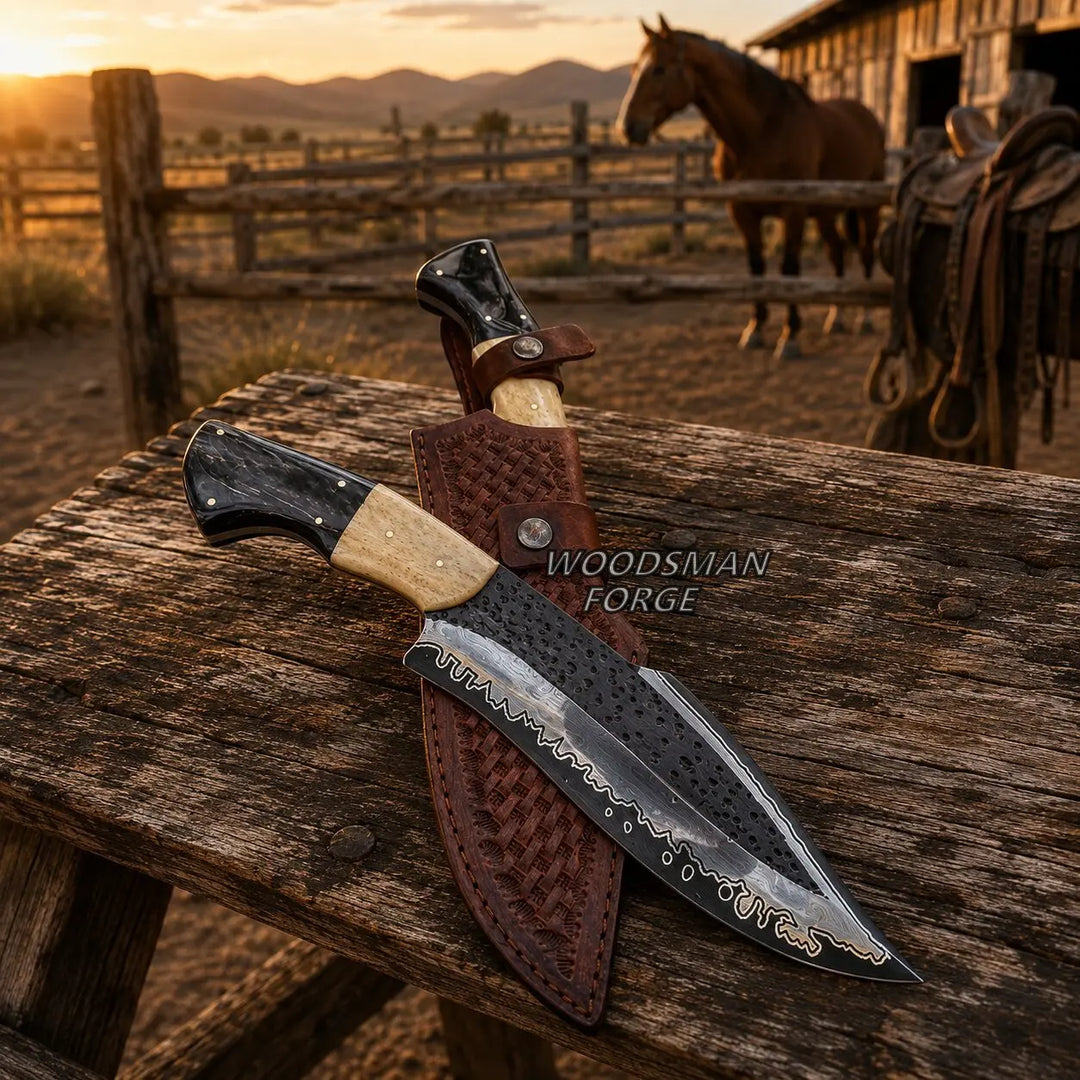 A custom handmade fixed-blade knife with a Damascus steel blade and a light wood handle rests on a rustic wooden bench next to its brown leather sheath. The background shows a warm, sunset-lit western scene with a horse and a barn, and a watermark for &
