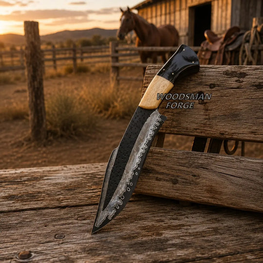 A custom handmade knife with a black and silver patterned blade, a light wood handle, and a black handle end, leaning on a rustic wooden fence in a western ranch setting. The text &