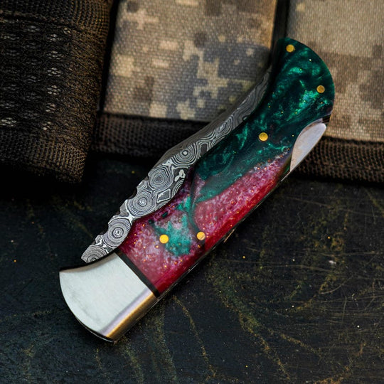 Damascus Folding Pocket Knife with Resin Handle | Handmade Hunting Knife