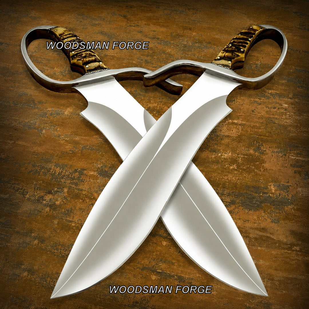 Two crossed fixed-blade knives with polished silver blades and brown wrapped handles, displayed on a rustic brown wooden surface. The brand name &
