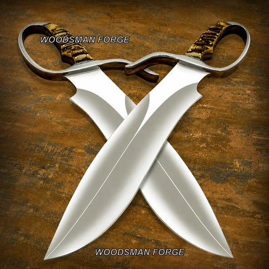 Two crossed fixed-blade knives with polished silver blades and brown wrapped handles, displayed on a rustic brown wooden surface. The brand name &