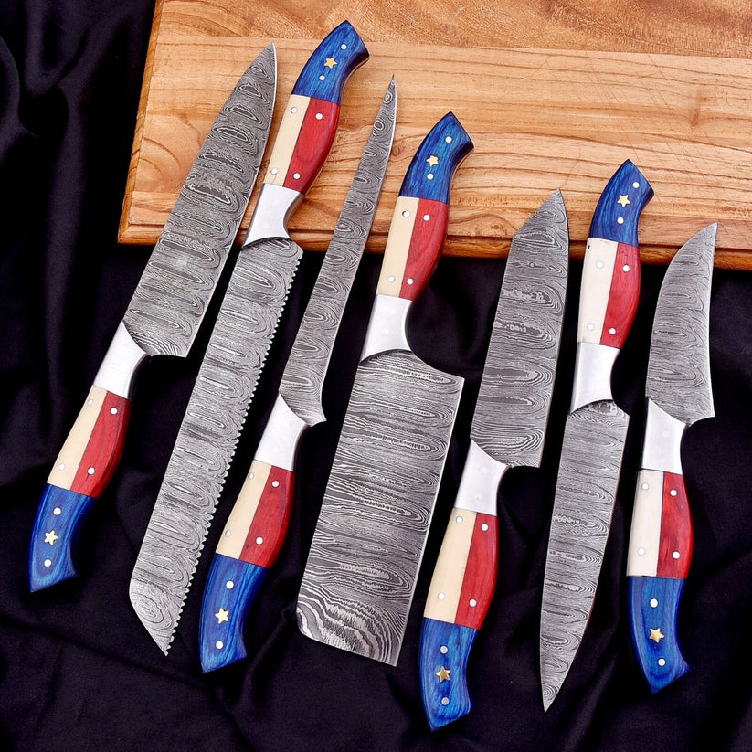 7-Piece Handmade Damascus Steel Chef Knife Set – Twist Pattern Full Tang Kitchen Knives