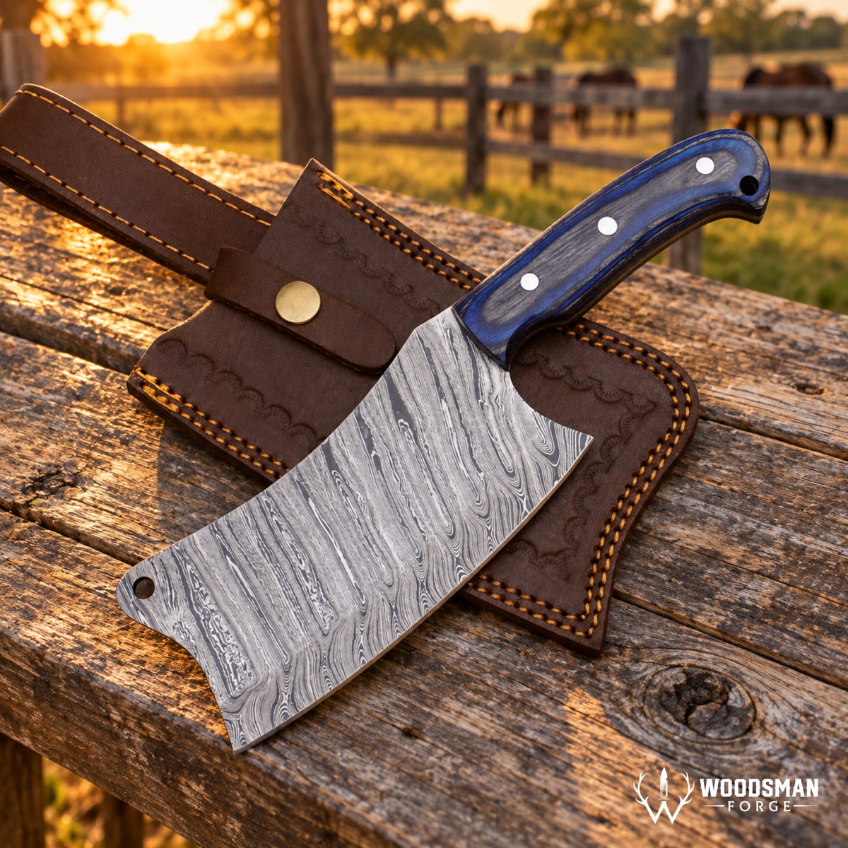 A large Damascus steel cleaver-style knife with a dark blue handle and a brown leather sheath, resting on a rustic wooden table outdoors at sunset with cows visible in the background. The Woodsman Forge logo is in the bottom right corner.