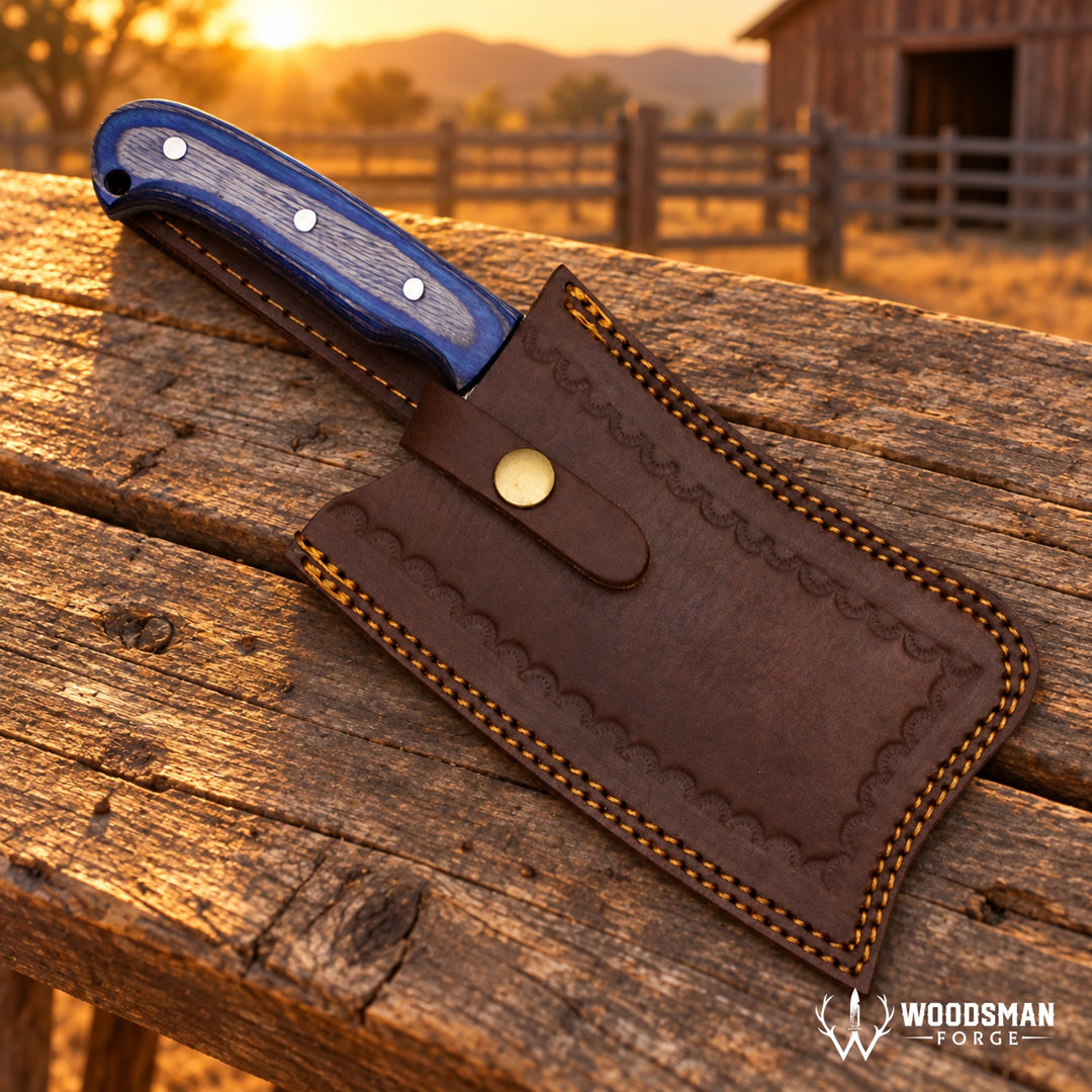 A fixed-blade knife with a textured blue handle and a brown leather sheath rests on a rustic wooden fence post at sunset. The background shows a blurred barn and mountains.