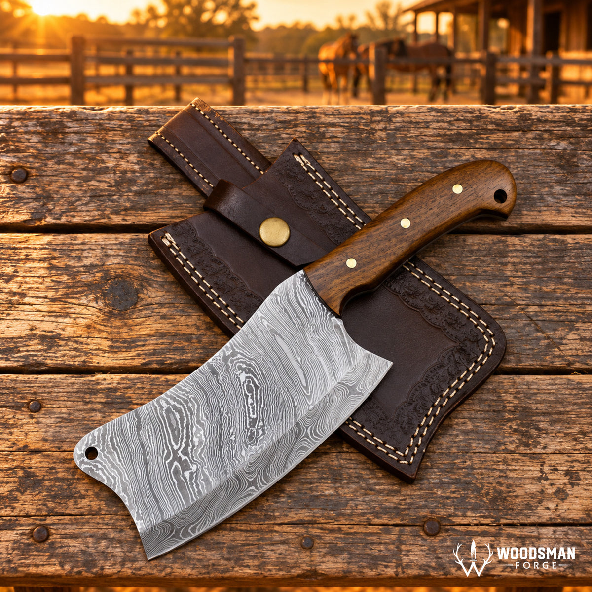 A Damascus steel cleaver-style knife with a dark wood handle rests on a brown leather sheath over a rustic wooden fence at sunset. The background shows a blurred barn and horse, and a 'WOODSMAN TOOLS' logo appears in the bottom right corner.
