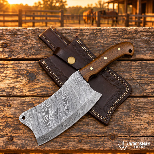 A Damascus steel cleaver-style knife with a dark wood handle rests on a brown leather sheath over a rustic wooden fence at sunset. The background shows a blurred barn and horse, and a &