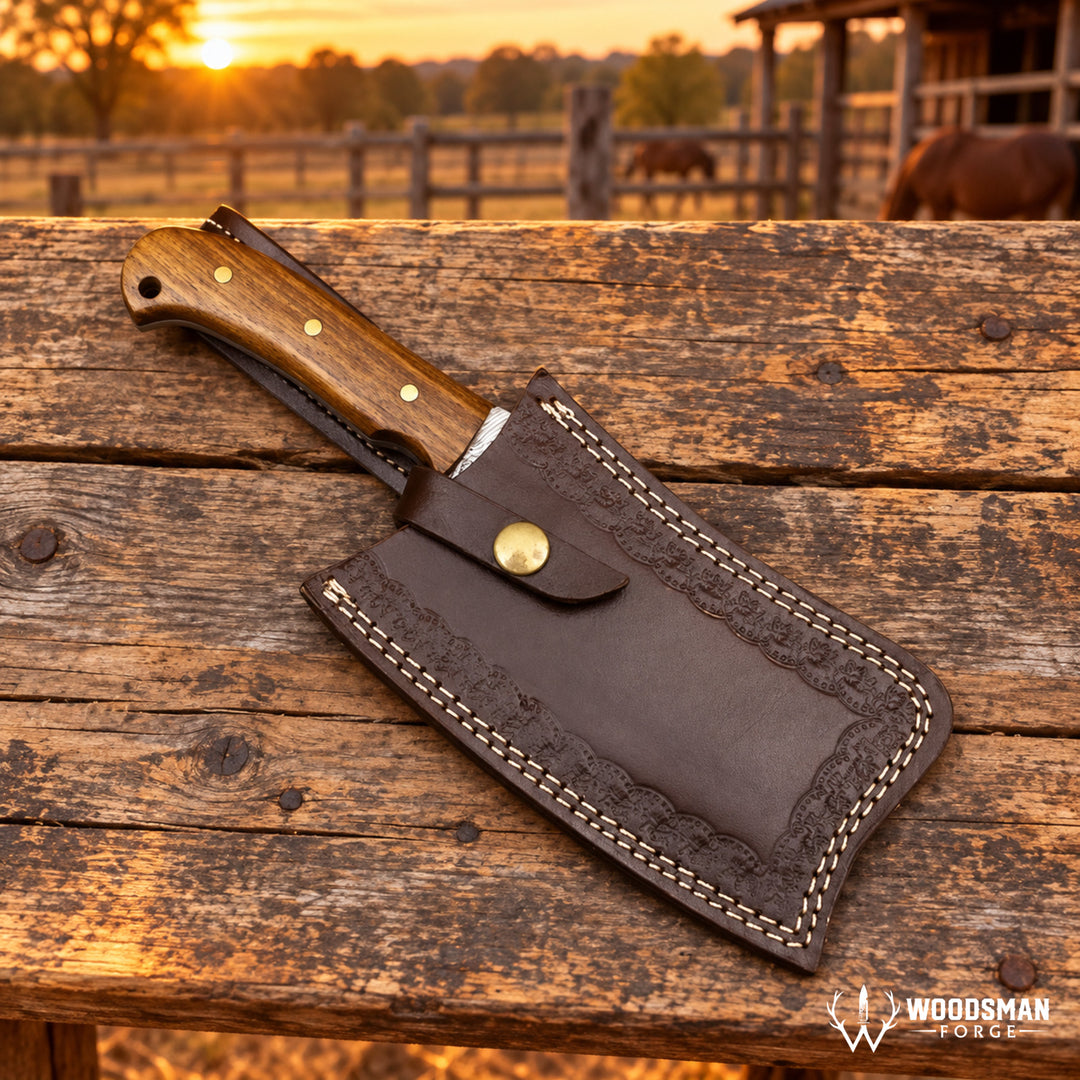 A dark brown leather knife sheath with decorative stitching and a snap closure, holding a knife with a wooden handle, resting on a rustic wooden fence at sunset. A horse is visible in the blurred background.