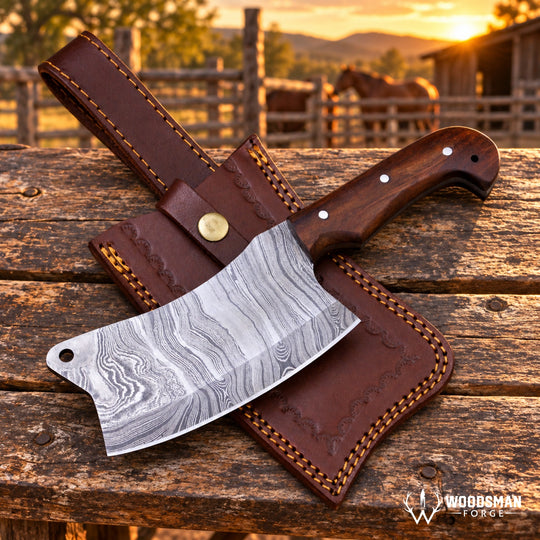 A large cleaver-style knife with a patterned Damascus steel blade and dark wood handle rests on a brown leather sheath on a rustic wooden table. The background shows a blurred outdoor ranch scene at sunset with a horse and barn.