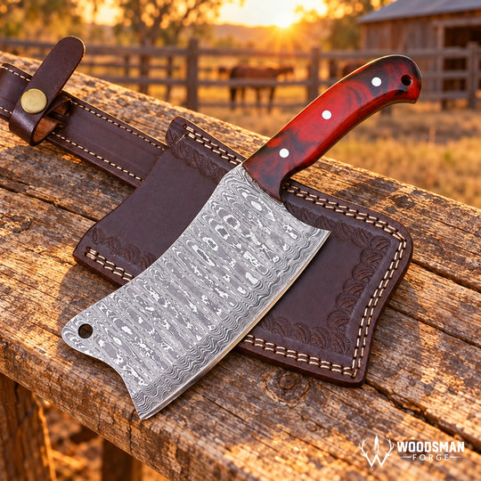 A handmade cleaver-style knife with a patterned Damascus steel blade and a reddish-brown handle, resting on its dark brown leather sheath on a rustic wooden fence. The background shows a blurred outdoor farm scene at sunset with a horse and barn.