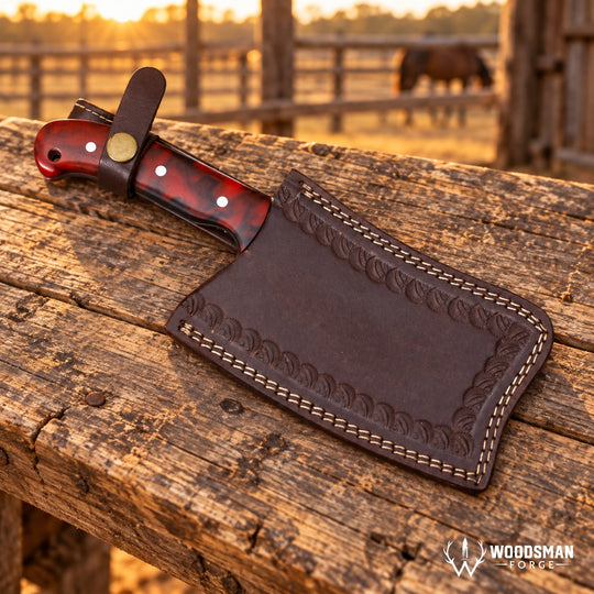 A cleaver-style knife with a reddish-brown marbled handle and a dark brown leather sheath, placed on a rustic wooden fence rail outdoors at sunset. A horse is blurred in the background, and the Woodman Forge logo appears in the bottom right corner.