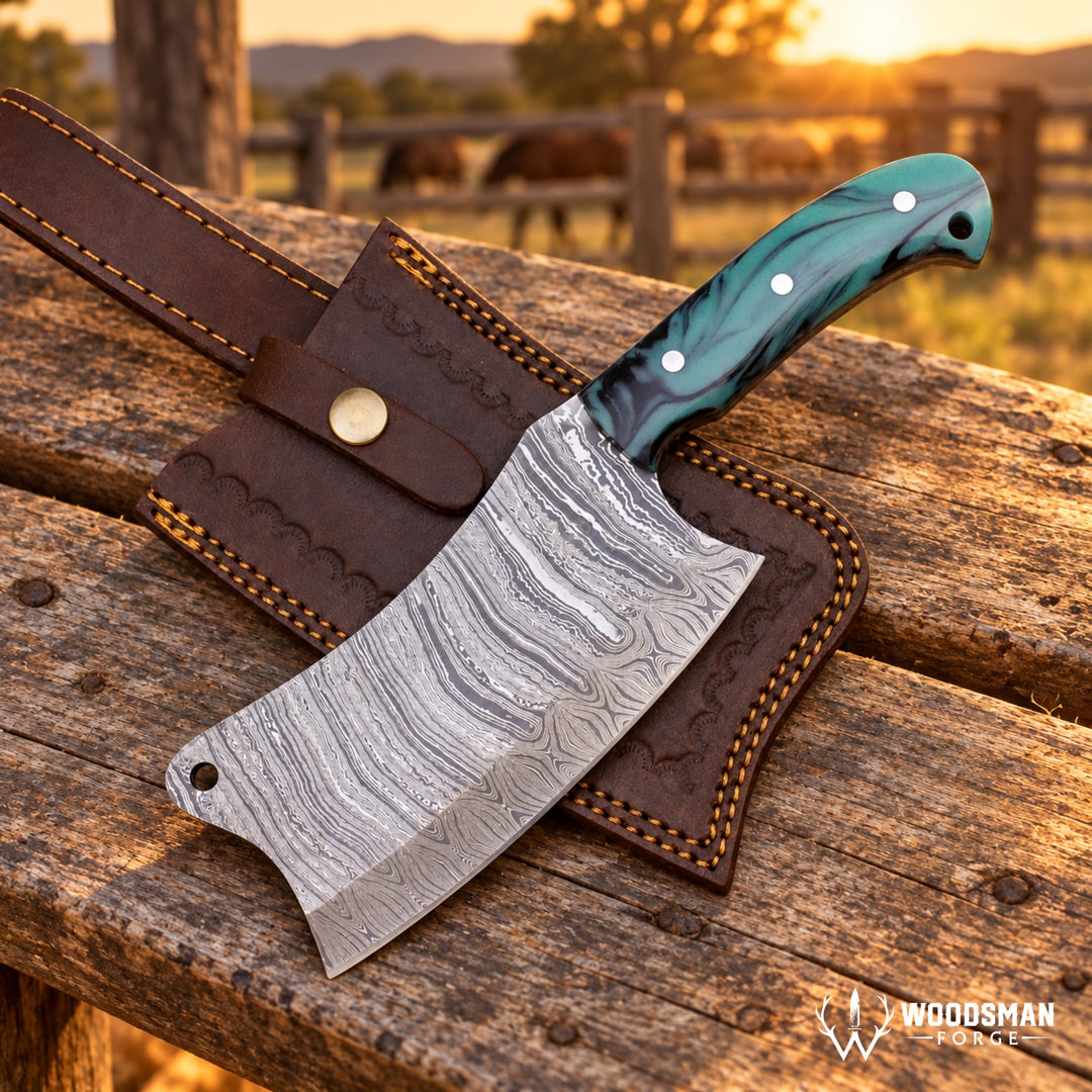 A custom handmade cleaver-style knife with a Damascus steel blade and a green marbled handle, resting on its brown leather sheath on a rustic wooden fence. The background shows a blurred outdoor ranch scene at sunset with horses.